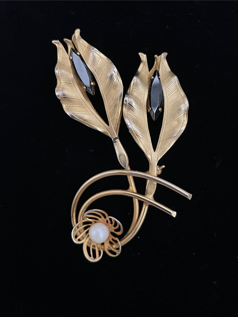 Gold-Tone Floral Leaf Brooch with Black Stone and Pearl Accent